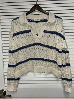 Universal Thread  Cream Loose Stitch Knit Polo Sweater with Blue Stripes